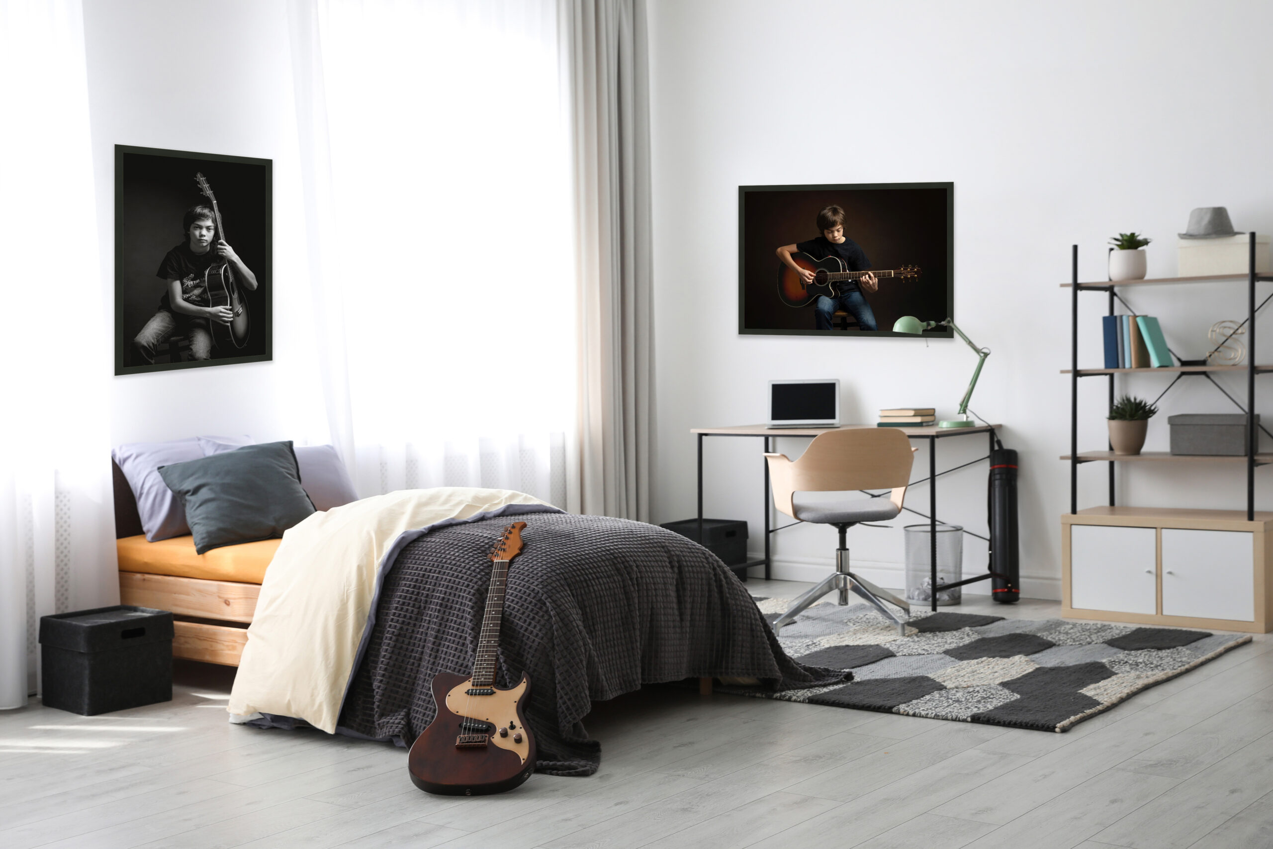 photos of boy with his guitar in teenager's bedroom by Pittsburgh child photographer