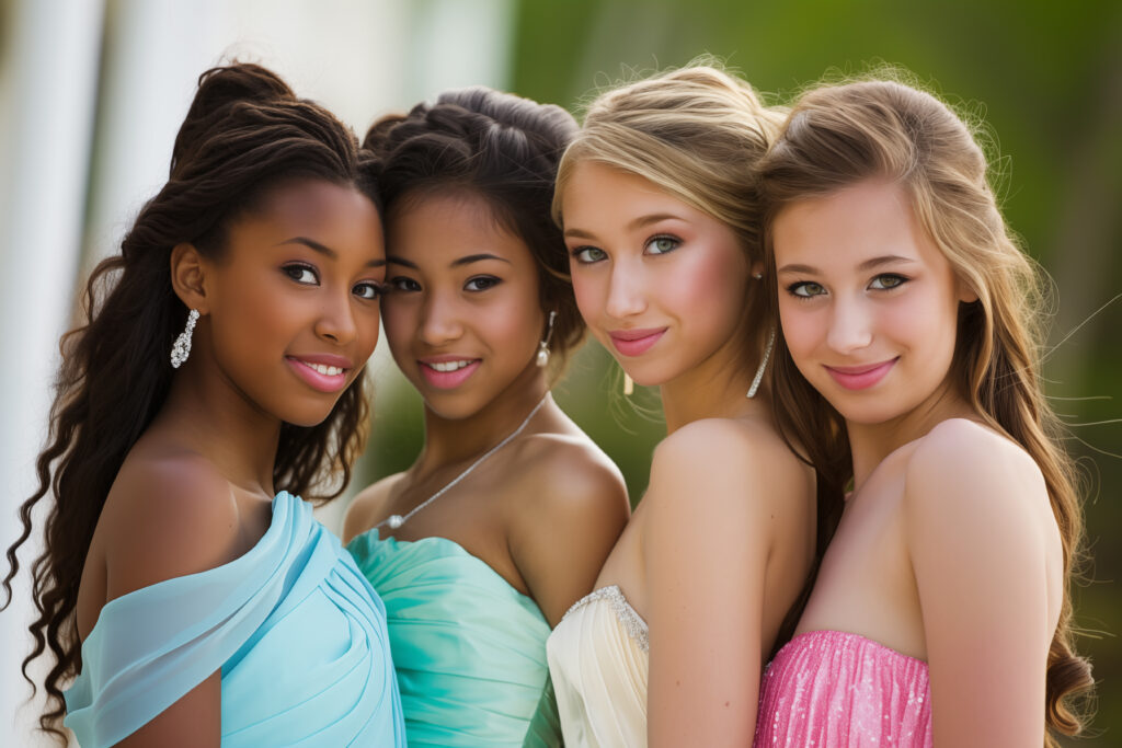 4 teenage girls dressed for prom