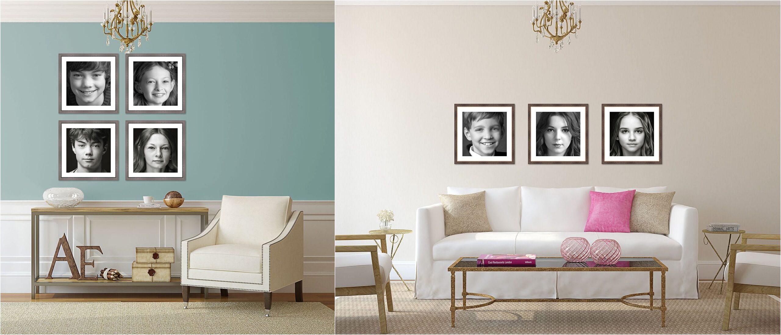 portraits of children's faces on the wall of their home