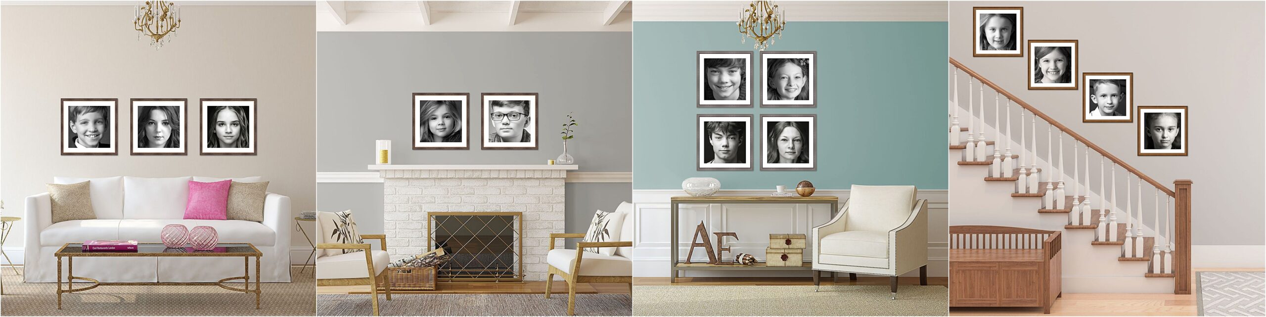 portraits of children's faces on the walls of their home